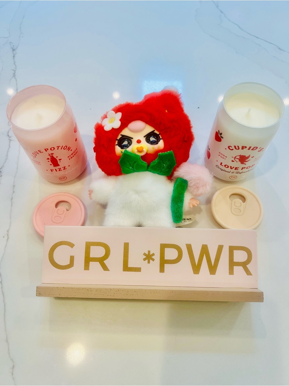 GRL PWR Pink Decorative Sign - Empowerment Desk Plaque, candles, & Baby Three